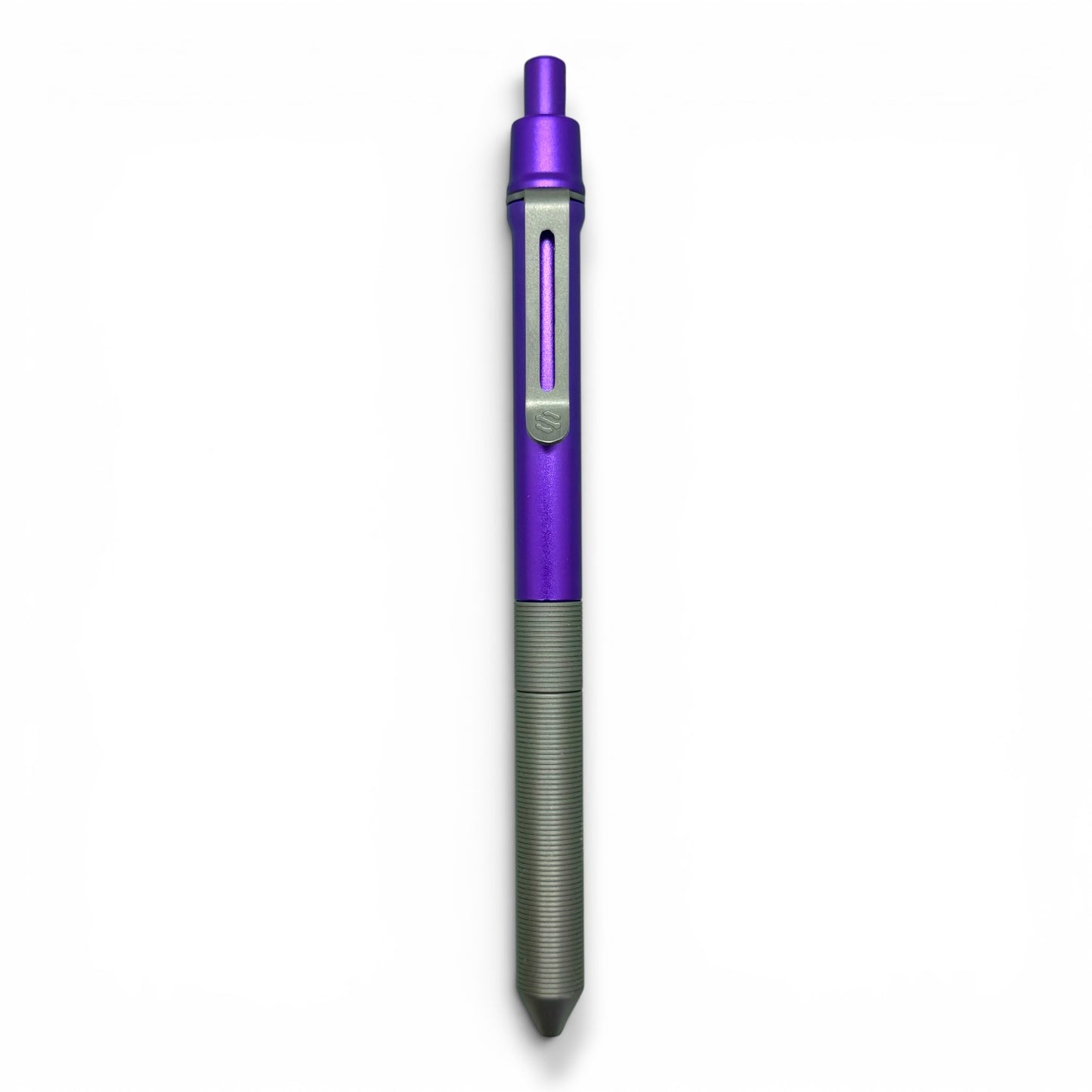 > Spoke Click Model CX-E: Matte Titanium Milli-Groove Grip / Purple Aluminum Barrel (Uses Pentel® EnerGel refills)