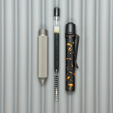 Load image into Gallery viewer, > Spoke Click Model C: Black with Orange Lava Splash, Aluminum / Matte Titanium Peak Knurled Grip