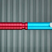 Load image into Gallery viewer, &gt; Spoke Click Model CX: Aluminum, Cyan/Red Grooved Cylindrical Grip