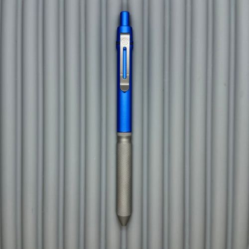 > Spoke Click Model CX: Blue Aluminum / Matte Titanium Knurled Grip