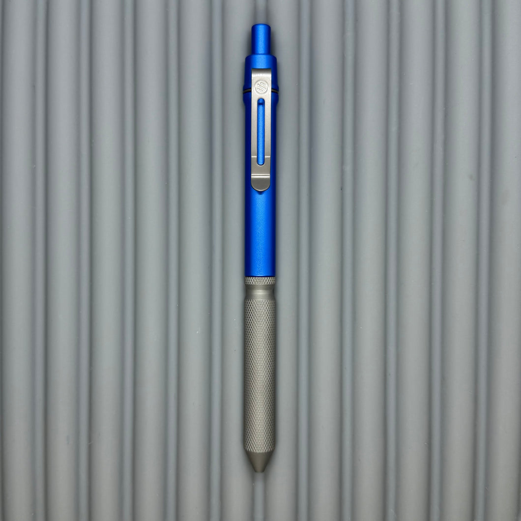 > Spoke Click Model CX: Blue Aluminum / Matte Titanium Knurled Grip