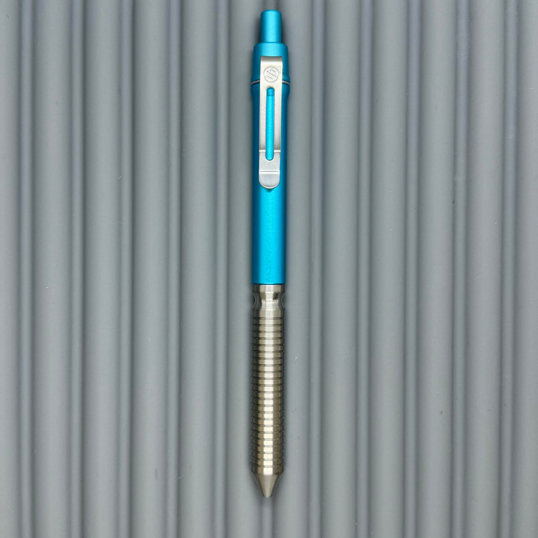 > Spoke Click Model CX: Cyan Aluminum / Shiny Groove Knurled Grip