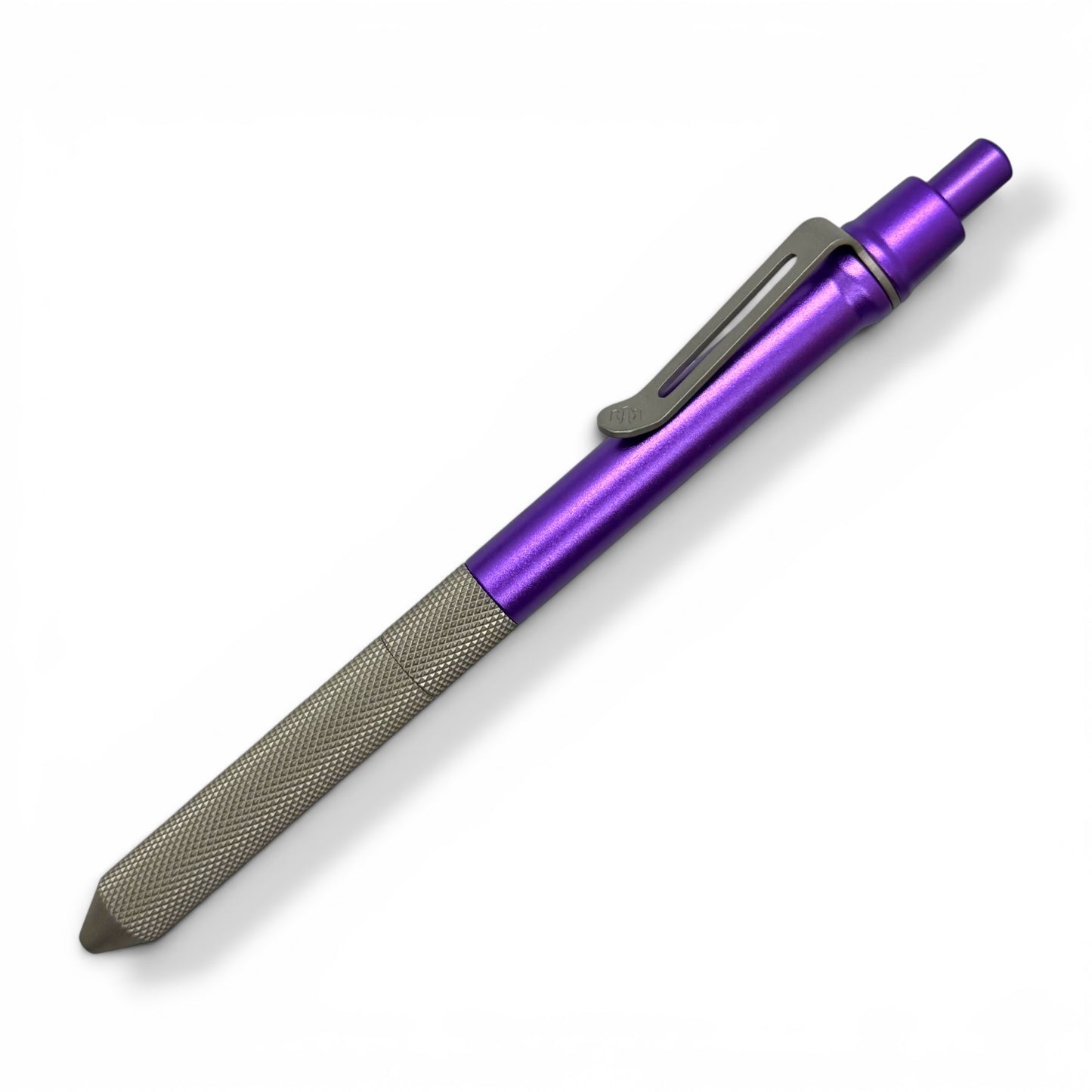 > Spoke Click Model CX-E: Matte Knurled Titanium Grip / Purple Aluminum Barrel (Uses Pentel® EnerGel refills)