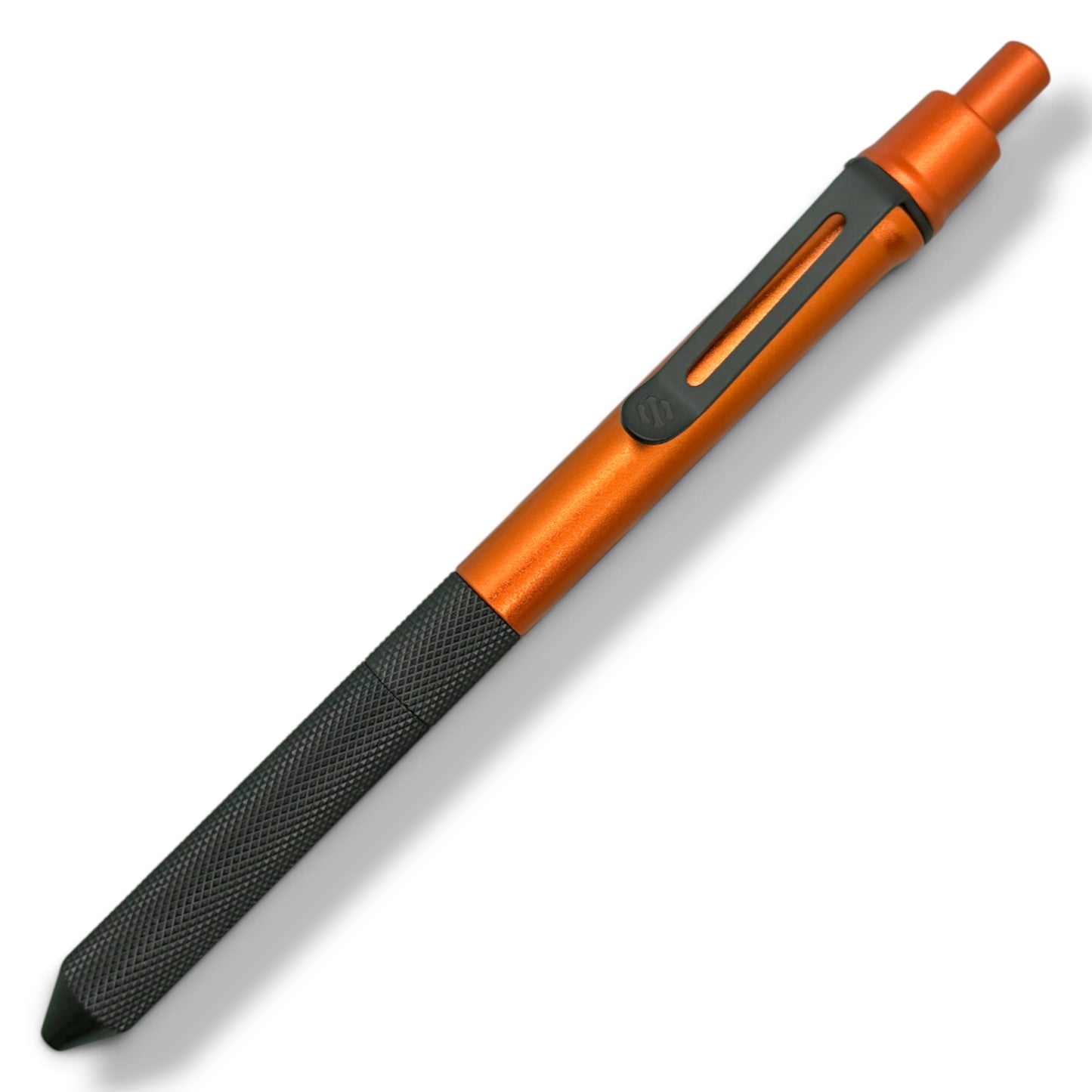 > Spoke Click Model CX-E: Matte Knurled Black Titanium Grip and Clip / Orange Aluminum Barrel (Pentel® EnerGel refill)