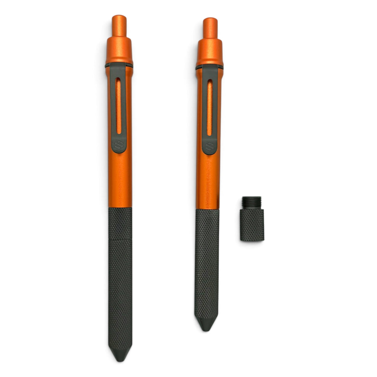 > Spoke Click Model CX-E: Matte Knurled Black Titanium Grip and Clip / Orange Aluminum Barrel (Pentel® EnerGel refill)